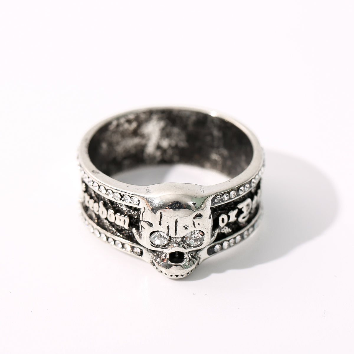 Silver Skull Punk Ring With Symbol Gem